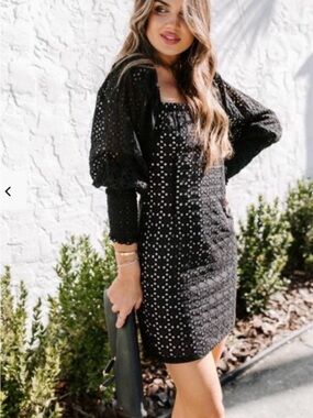 English Factory Black Eyelet Puff-Sleeve Midi Dress